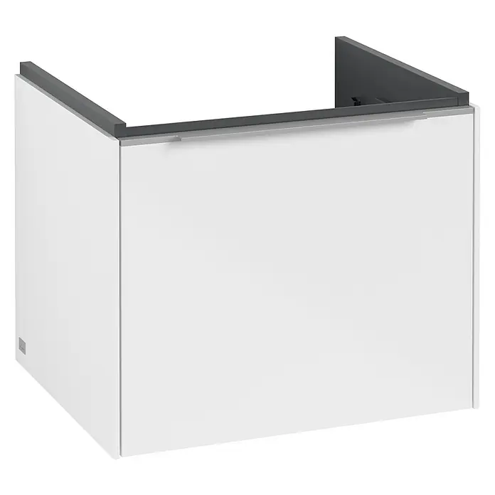 Villeroy & Boch Subway 3.0 Waschbeckenunterschrank - Brilliant White, Anzahl Schubladen: 1 Stk., Farbe Griff: Aluminium glänzend, B x T x H: 52,3 x 44,8 x 42,9 cm - Ein moderner, weißer Waschtischunterschrank mit grauer Oberseite. Perfekt für jedes Badezimmer, bietet er praktischen Stauraum.