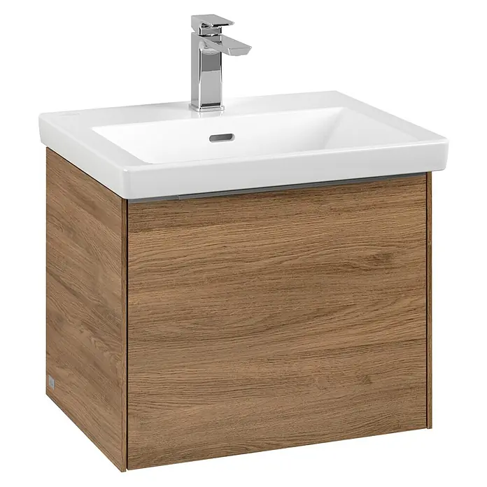 Villeroy & Boch Subway 3.0 Waschbeckenunterschrank - Kansas Oak, Anzahl Schubladen: 1 Stk., Farbe Griff: Aluminium glänzend, B x T x H: 52,3 x 44,8 x 42,9 cm - Ein moderner Waschtisch mit Holzunterschrank und einem stilvollen, verchromten Wasserhahn. Ideal für jedes Badezimmer.
