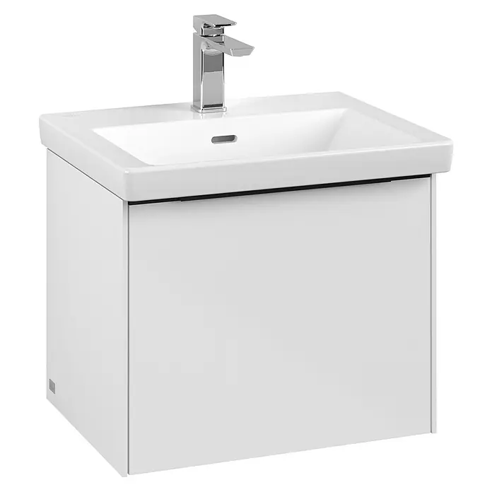 Villeroy & Boch Subway 3.0 Waschbeckenunterschrank - Brilliant White, Anzahl Schubladen: 1 Stk., Farbe Griff: Volcano Black, B x T x H: 52,3 x 44,8 x 42,9 cm - Ein elegantes Waschbecken mit Unterschrank in strahlendem Weiß, komplett mit Armatur, für ein modernes Badezimmer.