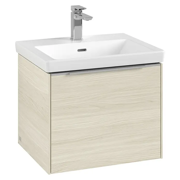 Villeroy & Boch Subway 3.0 Waschbeckenunterschrank - White Oak, Anzahl Schubladen: 1 Stk., Farbe Griff: Aluminium glänzend, B x T x H: 52,3 x 44,8 x 42,9 cm - Bild eines Waschtischunterschranks mit einer weißen Keramikspüle und einer modernen Armatur, ideal für ein stilvolles Badezimmer.