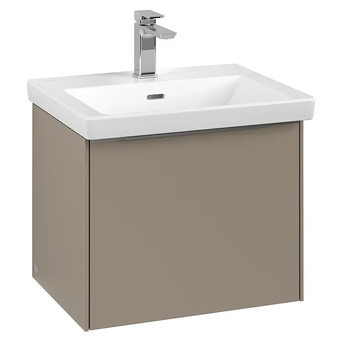 Villeroy & Boch Subway 3.0 Waschbeckenunterschrank - Taupe, Anzahl Schubladen: 1 Stk., Farbe Griff: Aluminium glänzend, B x T x H: 52,3 x 44,8 x 42,9 cm, Mit Beleuchtung - Ein moderner Waschtisch mit Unterschrank in Beige und weißem Waschbecken, verziert mit einer eleganten Chromarmatur.
