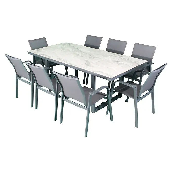 Bonlay Stapelsessel Nova - 4 Stk., Aluminium/Textilene, Anthrazit, B x T x H: 60 x 69 x 87 cm - Ein stilvolles Gartenmöbelset mit einem Tisch mit Marmorplatte und acht bequemen Stühlen für den Außenbereich.