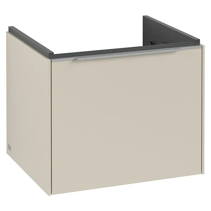 Villeroy & Boch Subway 3.0 Waschbeckenunterschrank - Cashmere Grey, Anzahl Schubladen: 1 Stk., Farbe Griff: Aluminium glänzend, B x T x H: 52,3 x 44,8 x 42,9 cm, Mit Beleuchtung - Bild eines Waschtischunterschranks in Beige mit grauer Oberseite. Das Möbelstück hat eine schlichte, moderne Form und eine silberne Griffleiste.