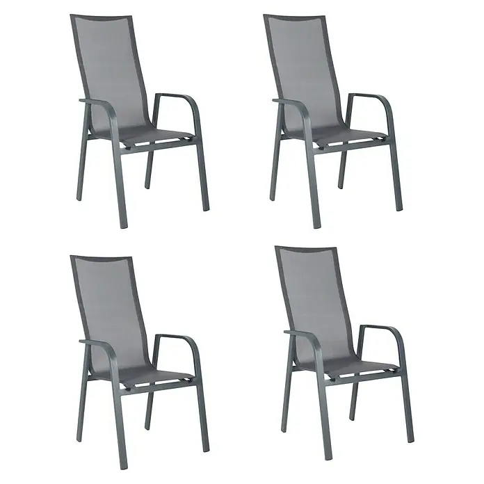 Bonlay Stapelsessel Nova - 4 Stk., Aluminium/Textilene, Anthrazit, B x T x H: 60 x 69 x 110 cm - Hier sind vier graue Gartenstühle mit Armlehnen und hoher Rückenlehne, perfekt für entspannte Stunden im Freien.