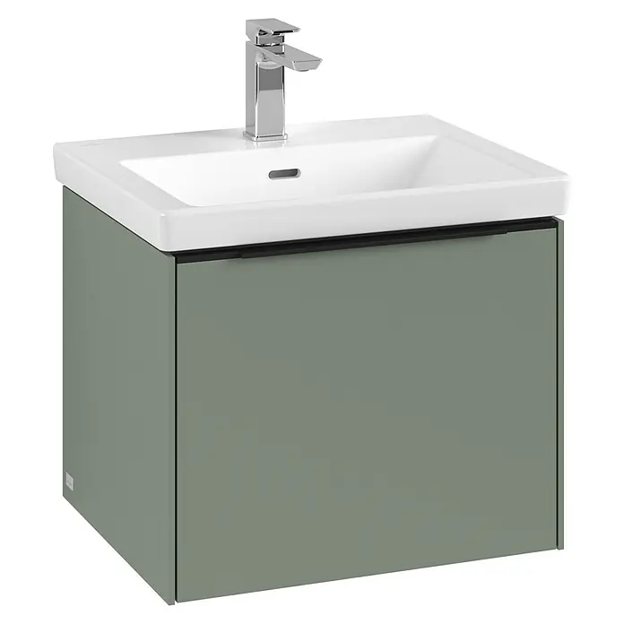 Villeroy & Boch Subway 3.0 Waschbeckenunterschrank - Soft Green, Anzahl Schubladen: 1 Stk., Farbe Griff: Volcano Black, B x T x H: 52,3 x 44,8 x 42,9 cm, Mit Beleuchtung - Hier ist ein Waschbeckenunterschrank in Salbeigrün mit weißem Becken und Chromarmatur.