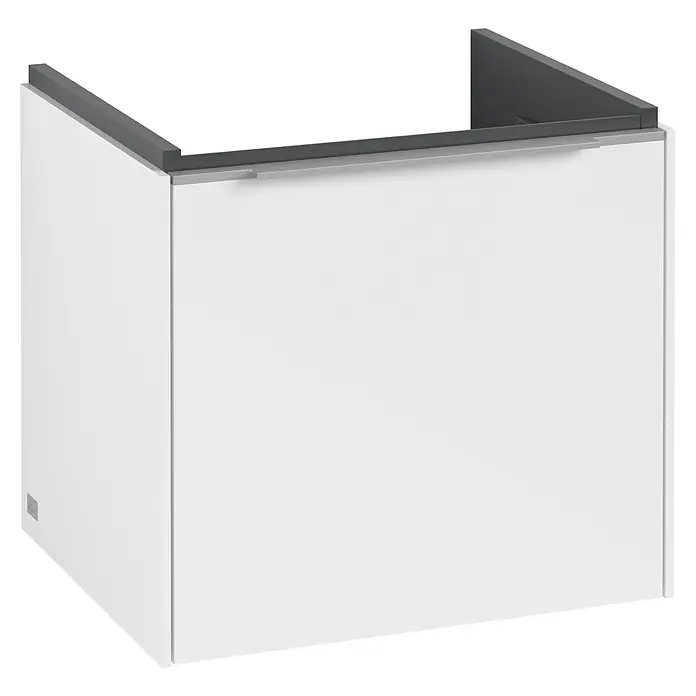 Villeroy & Boch Subway 3.0 Waschbeckenunterschrank - Brilliant White, Anzahl Schubladen: 1 Stk., Farbe Griff: Aluminium glänzend, B x T x H: 47,3 x 40,8 x 42,9 cm - Ein Waschbeckenunterschrank in Weiß mit einer grauen Platte, der ein modernes und minimalistisches Design aufweist.