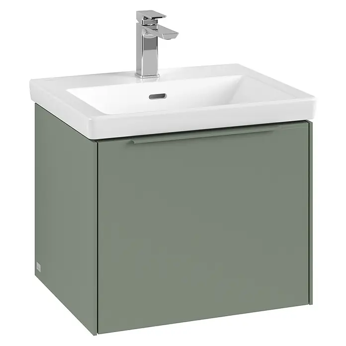 Villeroy & Boch Subway 3.0 Waschbeckenunterschrank - Soft Green, Anzahl Schubladen: 1 Stk., Farbe Griff: Monochrom, B x T x H: 52,3 x 44,8 x 42,9 cm, Mit Beleuchtung - Modernes Badezimmer Waschbecken mit Unterschrank in grün und weiß mit Chromarmatur.