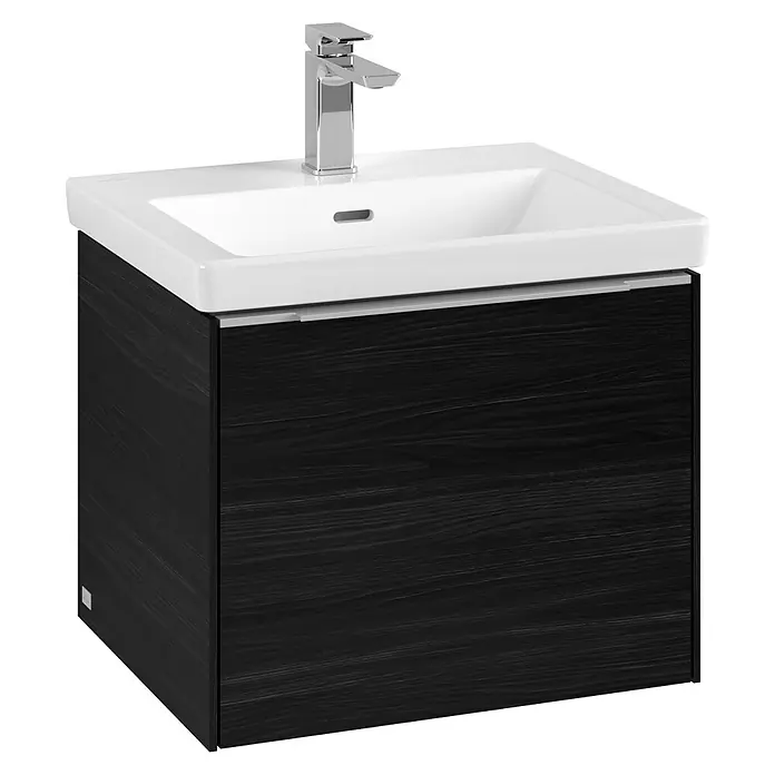 Villeroy & Boch Subway 3.0 Waschbeckenunterschrank - Black Oak, Anzahl Schubladen: 1 Stk., Farbe Griff: Aluminium glänzend, B x T x H: 52,3 x 44,8 x 42,9 cm - Elegantes Waschbeckenunterschrank-Set in dunkler Holzoptik mit modernem Chromhahn und glänzend weißem Waschbecken für stilvolle Badezimmer.