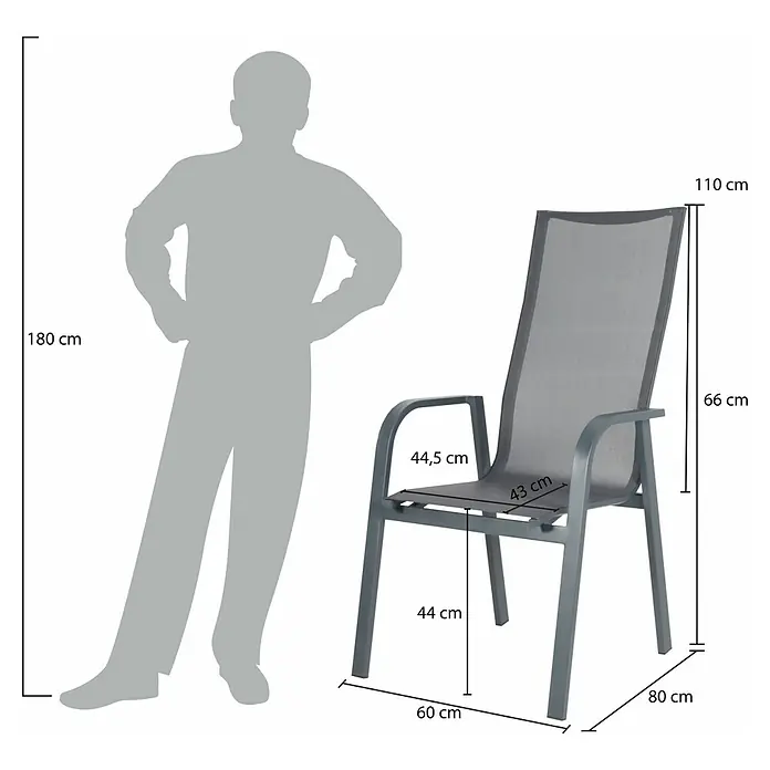 Bonlay Stapelsessel Nova - 4 Stk., Aluminium/Textilene, Anthrazit, B x T x H: 60 x 69 x 110 cm - Grauer Netzgewebe-Gartenstuhl mit Armlehnen, Maßen und einer 180 cm menschlichen Silhouette zum Größenvergleich.