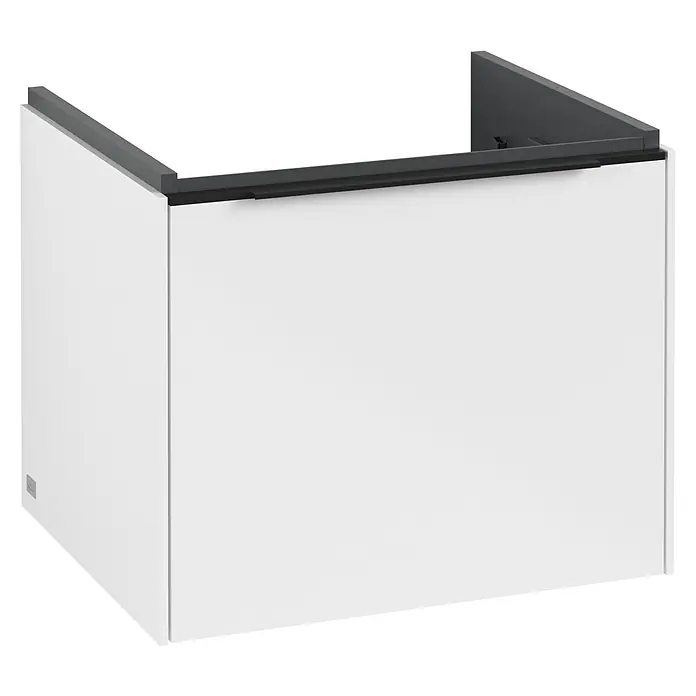 Villeroy & Boch Subway 3.0 Waschbeckenunterschrank - Brilliant White, Anzahl Schubladen: 1 Stk., Farbe Griff: Volcano Black, B x T x H: 52,3 x 44,8 x 42,9 cm - Produktansicht eines weißen Waschtischunterschranks mit grauer Abdeckung. Stilvolles und modernes Design für das Badezimmer.