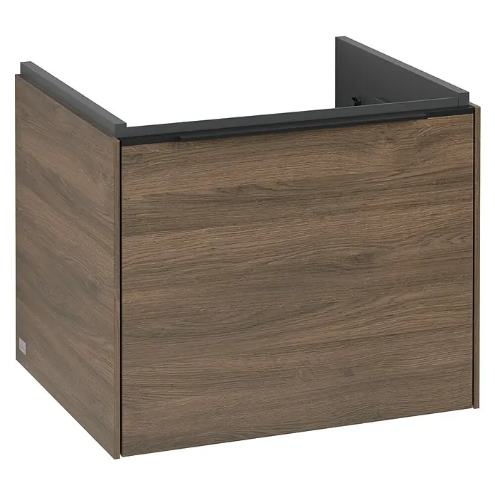 Villeroy & Boch Subway 3.0 Waschbeckenunterschrank - Arizona Oak, Anzahl Schubladen: 1 Stk., Farbe Griff: Volcano Black, B x T x H: 52,3 x 44,8 x 42,9 cm, Mit Beleuchtung - Ein moderner Waschtischunterschrank mit Holzstruktur und grauer Oberseite für ein stilvolles Badezimmer.