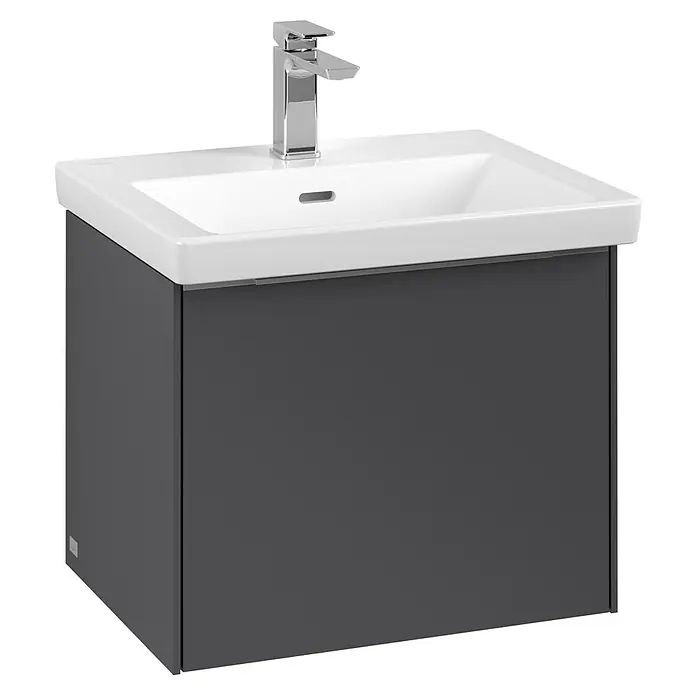 Villeroy & Boch Subway 3.0 Waschbeckenunterschrank - Graphite, Anzahl Schubladen: 1 Stk., Farbe Griff: Aluminium glänzend, B x T x H: 52,3 x 44,8 x 42,9 cm - Ein Waschbeckenunterschrank in Anthrazit mit einem modernen, chromfarbenen Wasserhahn. Das Waschbecken ist aus weißer Keramik gefertigt.