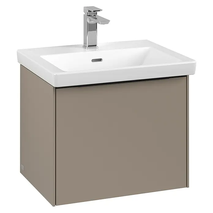 Villeroy & Boch Subway 3.0 Waschbeckenunterschrank - Taupe, Anzahl Schubladen: 1 Stk., Farbe Griff: Volcano Black, B x T x H: 52,3 x 44,8 x 42,9 cm - Ein moderner Waschtischunterschrank in Taupe mit einem weißen Waschbecken und einer eleganten Chromarmatur. Das Badmöbelstück bietet stilvolle Funktionalität.