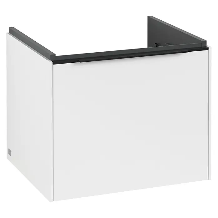 Villeroy & Boch Subway 3.0 Waschbeckenunterschrank - Pure White, Anzahl Schubladen: 1 Stk., Farbe Griff: Volcano Black, B x T x H: 52,3 x 44,8 x 42,9 cm, Mit Beleuchtung - Ein weißes, modernes Möbelstück mit einer grauen Oberseite. Ideal für Badezimmer oder andere Räume, die stilvolle Aufbewahrung benötigen.