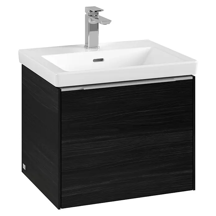 Villeroy & Boch Subway 3.0 Waschbeckenunterschrank - Black Oak, Anzahl Schubladen: 1 Stk., Farbe Griff: Aluminium glänzend, B x T x H: 52,3 x 44,8 x 42,9 cm, Mit Beleuchtung - Moderne Waschtischkombination mit einem Unterschrank in dunkler Holzoptik und einem Aufsatzwaschbecken mit Armatur.