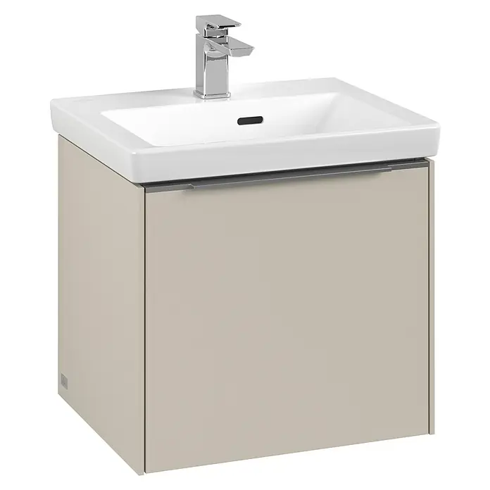 Villeroy & Boch Subway 3.0 Waschbeckenunterschrank - Cashmere Grey, Anzahl Schubladen: 1 Stk., Farbe Griff: Aluminium glänzend, B x T x H: 47,3 x 40,8 x 42,9 cm - Waschtischunterschrank in Beige mit Aufsatzwaschbecken und Chromarmatur für moderne Badezimmergestaltung.
