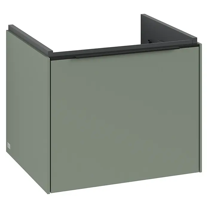 Villeroy & Boch Subway 3.0 Waschbeckenunterschrank - Soft Green, Anzahl Schubladen: 1 Stk., Farbe Griff: Volcano Black, B x T x H: 52,3 x 44,8 x 42,9 cm - Produktansicht eines modernen, grünen Küchenschranks mit minimalistischem Design und dunklen Akzenten für eine stilvolle Kücheneinrichtung.