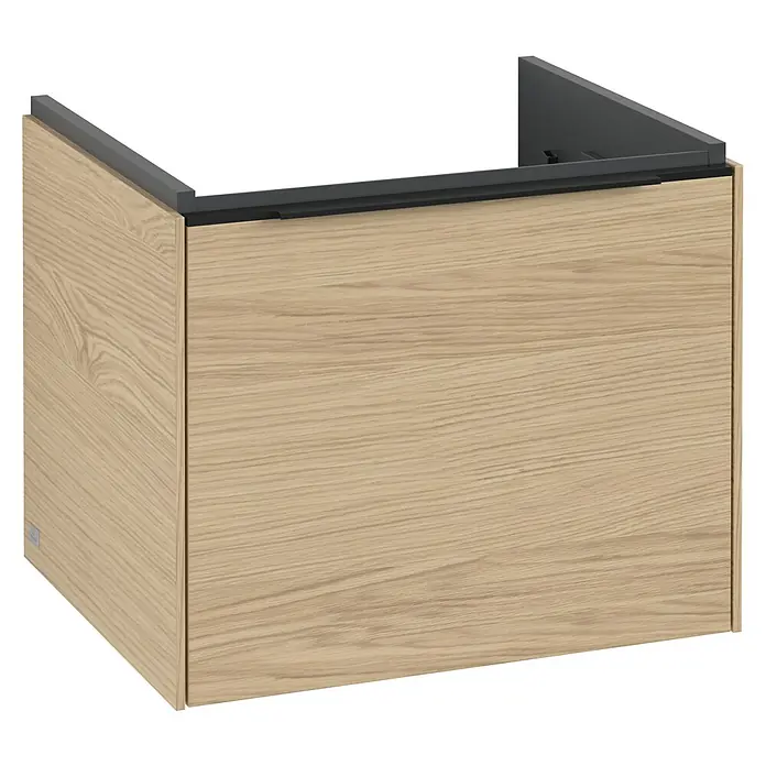 Villeroy & Boch Subway 3.0 Waschbeckenunterschrank - Nordik Oak, Anzahl Schubladen: 1 Stk., Farbe Griff: Volcano Black, B x T x H: 52,3 x 44,8 x 42,9 cm - Holzfarbener Waschtischunterschrank mit grauer Abdeckung, ideal für moderne Badezimmerdesigns.