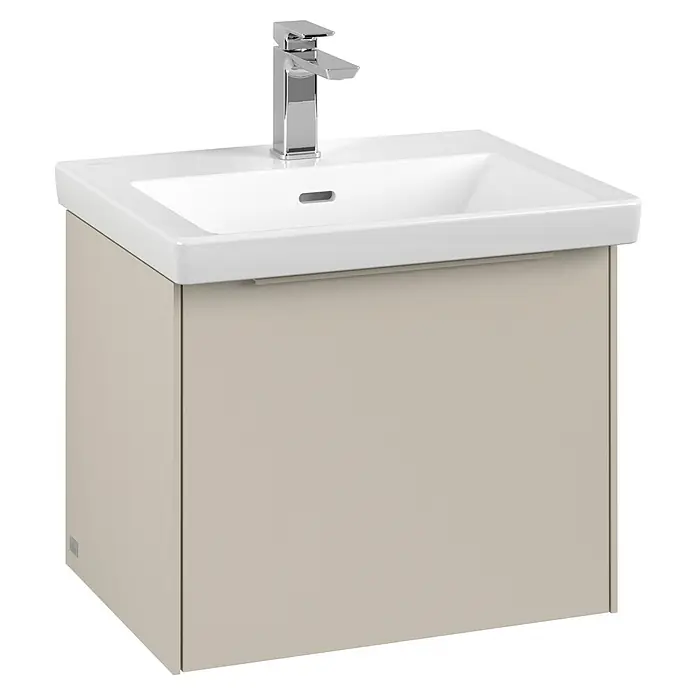 Villeroy & Boch Subway 3.0 Waschbeckenunterschrank - Cashmere Grey, Anzahl Schubladen: 1 Stk., Farbe Griff: Monochrom, B x T x H: 52,3 x 44,8 x 42,9 cm - Modernes Waschbecken mit Unterschrank in Beige. Das Waschbecken ist weiß und verfügt über eine elegante Armatur.