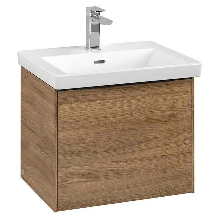 Villeroy & Boch Subway 3.0 Waschbeckenunterschrank - Kansas Oak, Anzahl Schubladen: 1 Stk., Farbe Griff: Volcano Black, B x T x H: 52,3 x 44,8 x 42,9 cm - Waschtischunterschrank mit Holzfront und Keramikwaschbecken sowie einer modernen Armatur für ein stilvolles Badezimmerdesign.