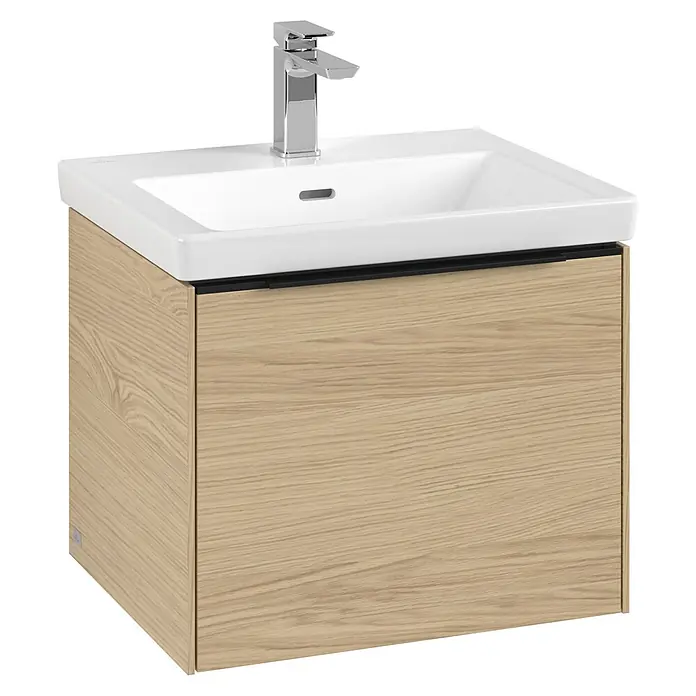 Villeroy & Boch Subway 3.0 Waschbeckenunterschrank - Nordik Oak, Anzahl Schubladen: 1 Stk., Farbe Griff: Volcano Black, B x T x H: 52,3 x 44,8 x 42,9 cm - Dieser Waschtischunterschrank in Holzoptik mit einem weißen Aufsatzwaschbecken und einer Armatur ist ein Hingucker im Bad.