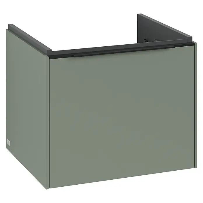 Villeroy & Boch Subway 3.0 Waschbeckenunterschrank - Soft Green, Anzahl Schubladen: 1 Stk., Farbe Griff: Volcano Black, B x T x H: 52,3 x 44,8 x 42,9 cm, Mit Beleuchtung - Moderne, rechteckige Duschkabine mit grauen Paneelen und einem schwarzen Rahmen. Elegantes Design für jedes Badezimmer.