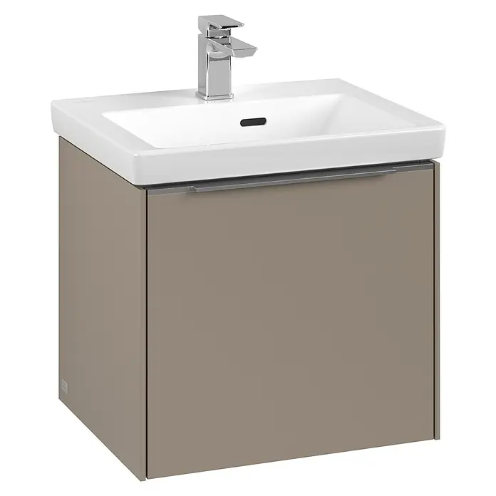 Villeroy & Boch Subway 3.0 Waschbeckenunterschrank - Taupe, Anzahl Schubladen: 1 Stk., Farbe Griff: Aluminium glänzend, B x T x H: 47,3 x 40,8 x 42,9 cm - Ein moderner Waschtischunterschrank in Taupe mit einem Aufsatzwaschbecken in Weiß und einer Armatur in Chrom.