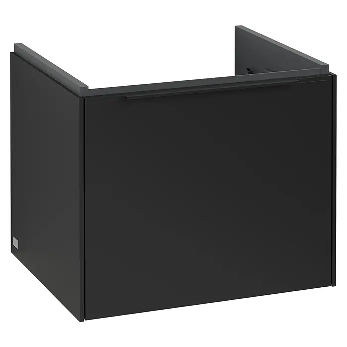 Villeroy & Boch Subway 3.0 Waschbeckenunterschrank - Volcano Black, Anzahl Schubladen: 1 Stk., Farbe Griff: Volcano Black, B x T x H: 52,3 x 44,8 x 42,9 cm, Mit Beleuchtung - Bild eines schwarzen Badezimmerunterschranks mit geraden Linien und minimalistischem Design für ein modernes Bad.