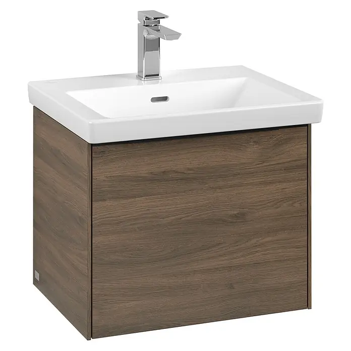 Villeroy & Boch Subway 3.0 Waschbeckenunterschrank - Arizona Oak, Anzahl Schubladen: 1 Stk., Farbe Griff: Volcano Black, B x T x H: 52,3 x 44,8 x 42,9 cm, Mit Beleuchtung - Waschbeckenunterschrank mit weißem Becken und Armatur in Holzoptik für ein modernes Badezimmer.