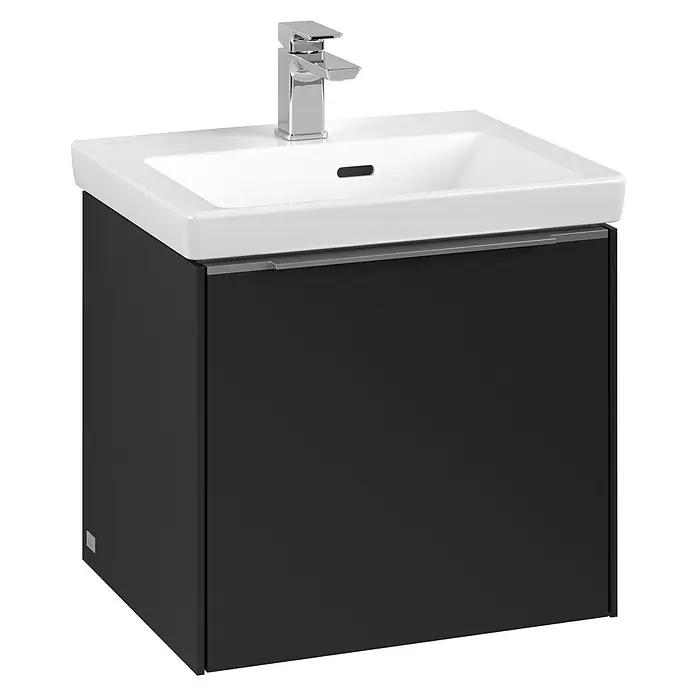 Villeroy & Boch Subway 3.0 Waschbeckenunterschrank - Volcano Black, Anzahl Schubladen: 1 Stk., Farbe Griff: Aluminium glänzend, B x T x H: 47,3 x 40,8 x 42,9 cm - Das Bild zeigt einen modernen Waschtisch mit Unterschrank in dunkler Farbe und einem weißen Waschbecken mit Armatur.