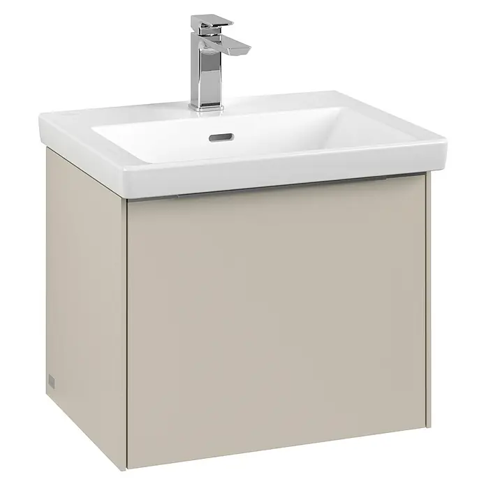 Villeroy & Boch Subway 3.0 Waschbeckenunterschrank - Cashmere Grey, Anzahl Schubladen: 1 Stk., Farbe Griff: Aluminium glänzend, B x T x H: 52,3 x 44,8 x 42,9 cm, Mit Beleuchtung - Ein Waschbeckenunterschrank mit einem modernen, verchromten Wasserhahn und einer glatten, beigen Oberfläche. Ideal für jedes Badezimmer.