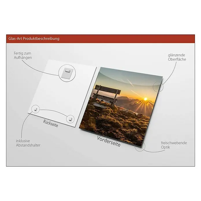 ProArt Glasbild - Bench & Horizon, B x H: 30 x 30 cm - Glasbild Produktbeschreibung mit glänzender Oberfläche, rückseitiger Aufhängung und schwebender Optik für eine moderne Wanddekoration.