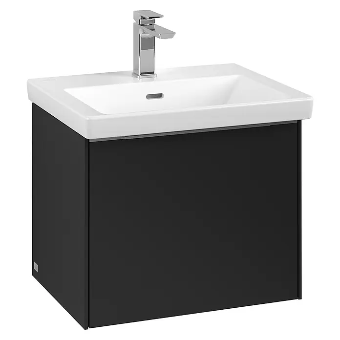 Villeroy & Boch Subway 3.0 Waschbeckenunterschrank - Volcano Black, Anzahl Schubladen: 1 Stk., Farbe Griff: Aluminium glänzend, B x T x H: 52,3 x 44,8 x 42,9 cm - Moderner Waschtisch mit Unterschrank in dunklem Farbton und Armatur. Das Produkt ist ein stilvolles Badezimmermöbelstück.