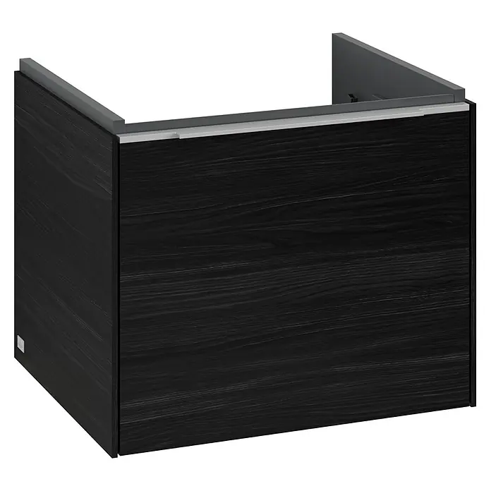 Villeroy & Boch Subway 3.0 Waschbeckenunterschrank - Black Oak, Anzahl Schubladen: 1 Stk., Farbe Griff: Aluminium glänzend, B x T x H: 52,3 x 44,8 x 42,9 cm, Mit Beleuchtung - Bild eines Waschbeckenunterschranks in dunkler Holzoptik mit grauen Akzenten, der ein modernes Badezimmerdesign ergänzt.