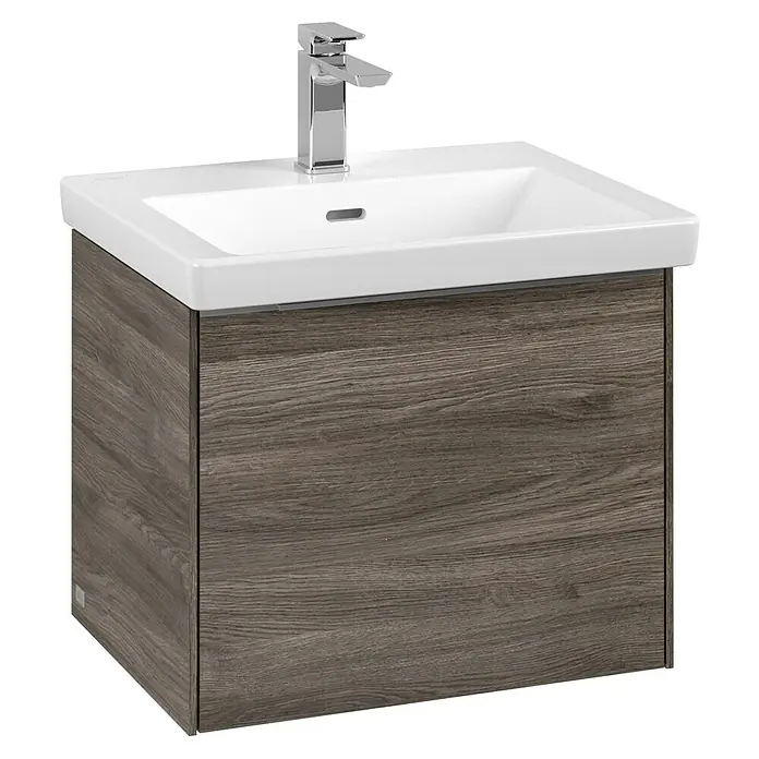 Villeroy & Boch Subway 3.0 Waschbeckenunterschrank - Stone Oak, Anzahl Schubladen: 1 Stk., Farbe Griff: Aluminium glänzend, B x T x H: 52,3 x 44,8 x 42,9 cm - Waschbeckenunterschrank mit Holzstruktur und Armatur, ideal für moderne Badezimmer.