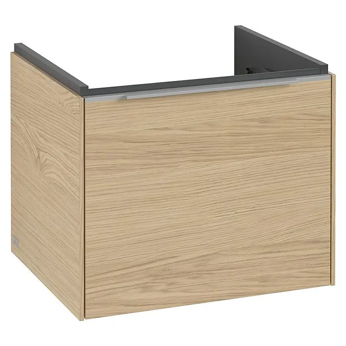 Villeroy & Boch Subway 3.0 Waschbeckenunterschrank - Nordik Oak, Anzahl Schubladen: 1 Stk., Farbe Griff: Aluminium glänzend, B x T x H: 52,3 x 44,8 x 42,9 cm, Mit Beleuchtung - Holzfarbener Waschtischunterschrank mit grauer Oberseite und einem Griff. Ideal für moderne Badezimmerdesigns.