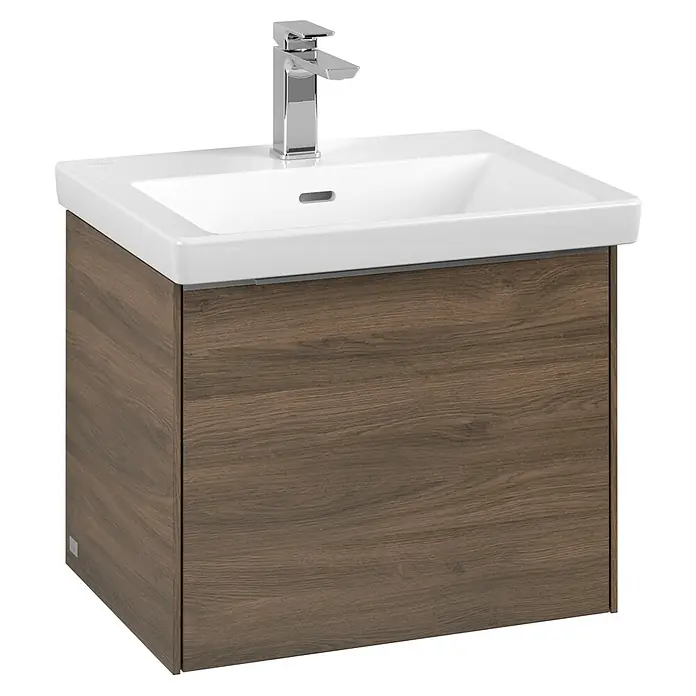 Villeroy & Boch Subway 3.0 Waschbeckenunterschrank - Arizona Oak, Anzahl Schubladen: 1 Stk., Farbe Griff: Aluminium glänzend, B x T x H: 52,3 x 44,8 x 42,9 cm - Ein schicker Waschtisch mit einer eleganten, weißen Keramikspüle und einem stilvollen Holzunterschrank, der jedem Badezimmer einen Hauch von Klasse verleiht.