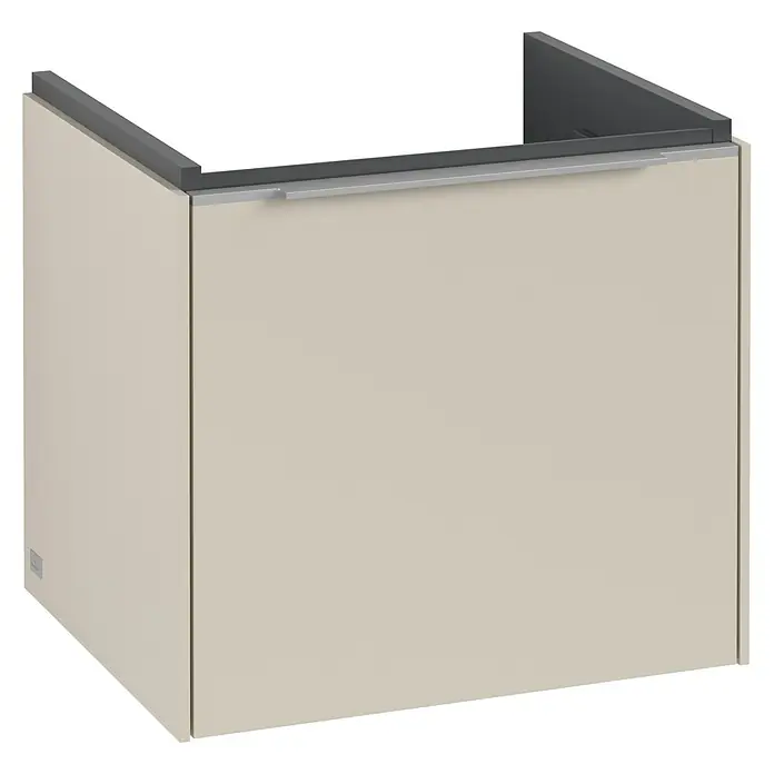 Villeroy & Boch Subway 3.0 Waschbeckenunterschrank - Cashmere Grey, Anzahl Schubladen: 1 Stk., Farbe Griff: Aluminium glänzend, B x T x H: 47,3 x 40,8 x 42,9 cm - Das Bild zeigt einen modernen Waschtischunterschrank in Beige mit grauen Akzenten, ideal für ein stilvolles Badezimmerdesign.