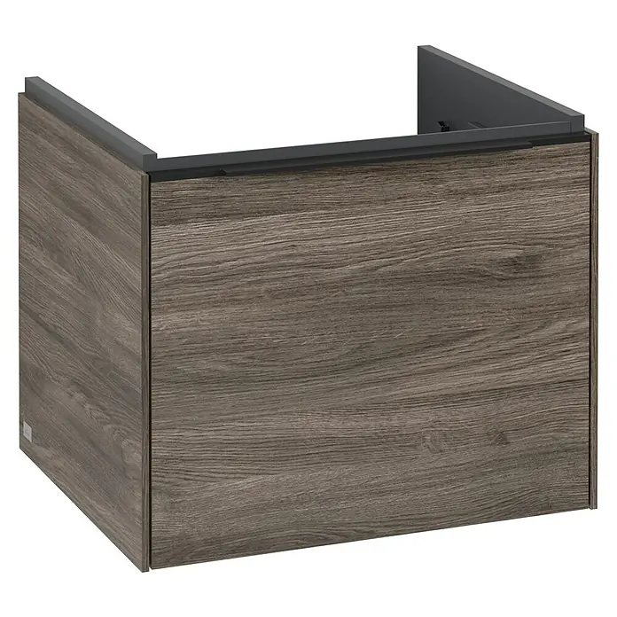 Villeroy & Boch Subway 3.0 Waschbeckenunterschrank - Stone Oak, Anzahl Schubladen: 1 Stk., Farbe Griff: Volcano Black, B x T x H: 52,3 x 44,8 x 42,9 cm - Nahaufnahme eines modernen Unterschranks in Holzoptik, ideal für Badezimmer. Stilvolles Design und praktische Aufbewahrung.
