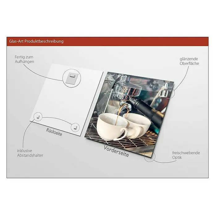 ProArt Glasbild - Café III, B x H: 20 x 20 cm - Glasbild Produktbeschreibung mit einer Tasse Kaffee.