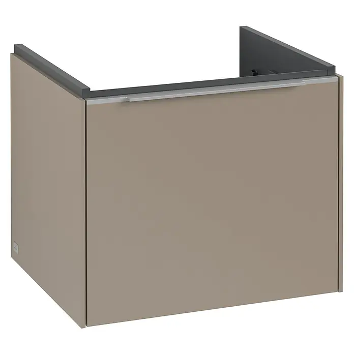Villeroy & Boch Subway 3.0 Waschbeckenunterschrank - Taupe, Anzahl Schubladen: 1 Stk., Farbe Griff: Aluminium glänzend, B x T x H: 52,3 x 44,8 x 42,9 cm - Produktaufnahme eines Waschtischunterschranks in Taupe mit minimalistischem Design und geraden Linien für moderne Badezimmer.