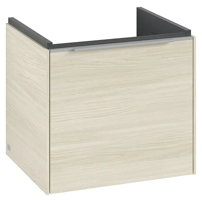 Villeroy & Boch Subway 3.0 Waschbeckenunterschrank - White Oak, Anzahl Schubladen: 1 Stk., Farbe Griff: Aluminium glänzend, B x T x H: 47,3 x 40,8 x 42,9 cm - Ein Unterschrank in hellem Holzdekor mit einer grauen Blende oben und einem silbernen Griff, ideal für ein modernes Badezimmer.