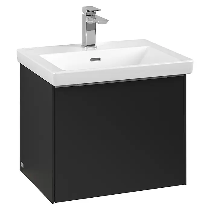 Villeroy & Boch Subway 3.0 Waschbeckenunterschrank - Volcano Black, Anzahl Schubladen: 1 Stk., Farbe Griff: Aluminium glänzend, B x T x H: 52,3 x 44,8 x 42,9 cm, Mit Beleuchtung - Elegantes Waschbeckenunterschrank-Set mit schwarzem Unterschrank und weißem Waschbecken mit Armatur für ein modernes Bad.