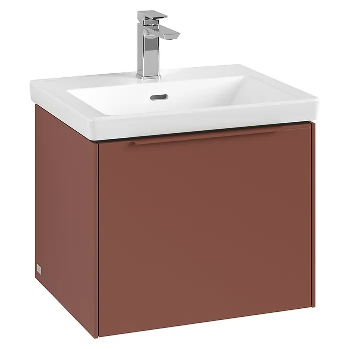 Villeroy & Boch Subway 3.0 Waschbeckenunterschrank - Wine Red, Anzahl Schubladen: 1 Stk., Farbe Griff: Monochrom, B x T x H: 52,3 x 44,8 x 42,9 cm - Ein moderner Waschtischunterschrank in Braun mit einem weißen Waschbecken und einem glänzenden Chromhahn, perfekt für jedes Badezimmer.