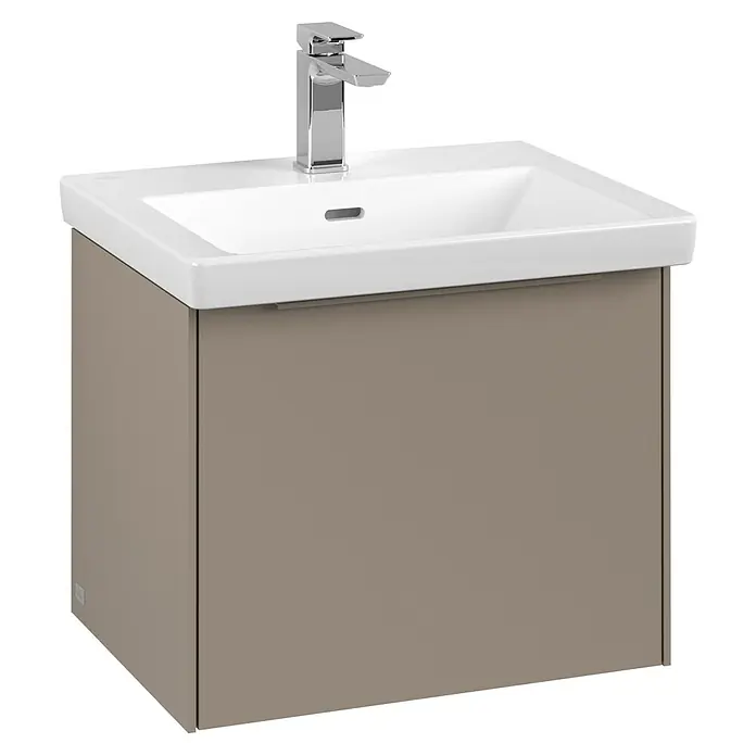 Villeroy & Boch Subway 3.0 Waschbeckenunterschrank - Taupe, Anzahl Schubladen: 1 Stk., Farbe Griff: Monochrom, B x T x H: 52,3 x 44,8 x 42,9 cm - Abbildung eines modernen Waschtischunterschranks in Taupe mit einem weißen Waschbecken und einer Armatur aus Chrom.