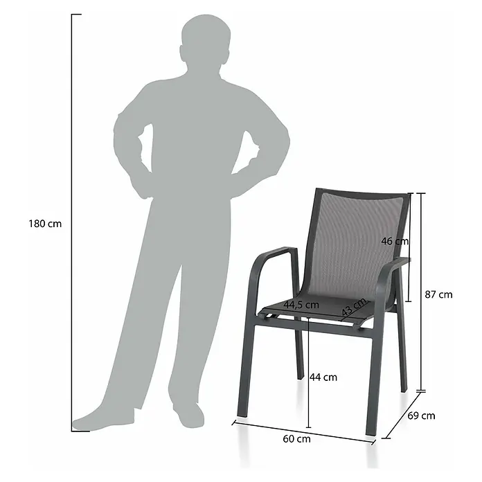Bonlay Stapelsessel Nova - 4 Stk., Aluminium/Textilene, Anthrazit, B x T x H: 60 x 69 x 87 cm - Grauer Outdoor-Stuhl mit Netzgewebe und Armlehnen, neben einer Person als Größenvergleich.