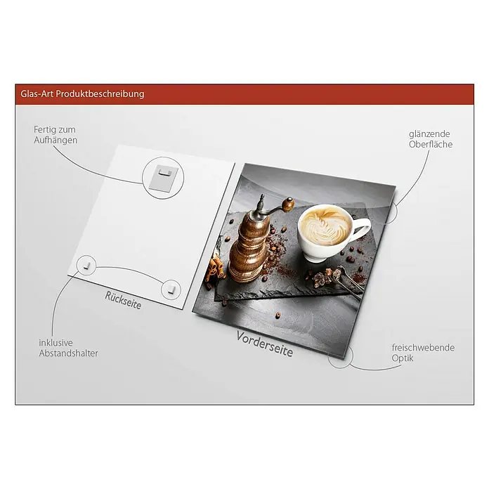 ProArt Glasbild - Café I, B x H: 20 x 20 cm - Glasbild mit Kaffee, Mühle und Zucker. Fertig zum Aufhängen mit glänzender Oberfläche und freischwebender Optik. Inklusive Abstandshalter.