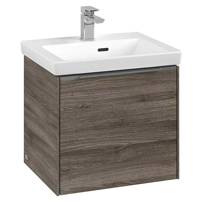 Villeroy & Boch Subway 3.0 Waschbeckenunterschrank - Stone Oak, Anzahl Schubladen: 1 Stk., Farbe Griff: Aluminium glänzend, B x T x H: 47,3 x 40,8 x 42,9 cm - Ein moderner Waschtisch mit Unterschrank in Holzoptik und einem glänzenden, verchromten Wasserhahn, ideal für jedes Badezimmer.