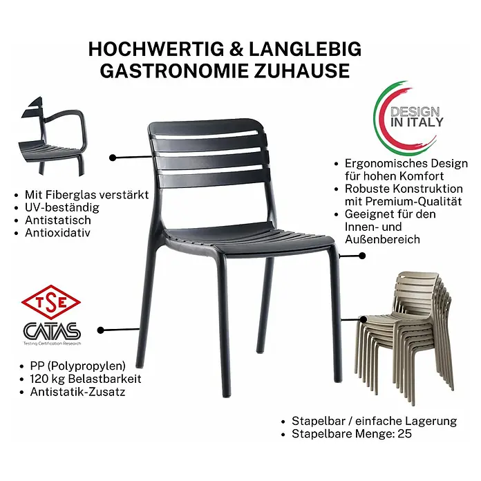 Bonlay Gartenstuhl Luna - Kunststoff, Ohne Armlehne, Stapelbar, Anthrazit, B x T x H: 46 x 44 x 80 cm - Abbildung eines schwarzen, stapelbaren Stuhls für Gastronomie und Zuhause mit diversen Produkteigenschaften.