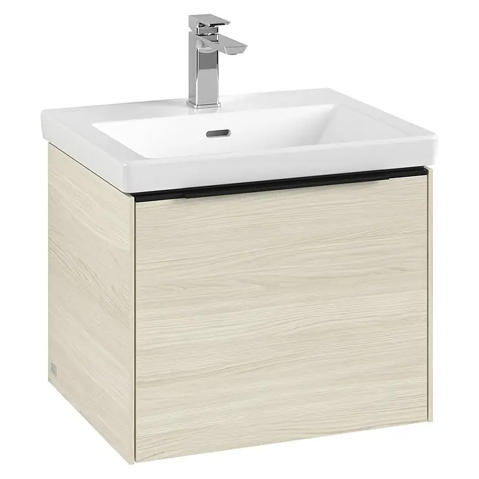 Villeroy & Boch Subway 3.0 Waschbeckenunterschrank - White Oak, Anzahl Schubladen: 1 Stk., Farbe Griff: Volcano Black, B x T x H: 52,3 x 44,8 x 42,9 cm, Mit Beleuchtung - Eine moderne Waschtischkombination mit einem hellen Holzunterschrank und einem weißen Waschbecken mit Chromarmatur.